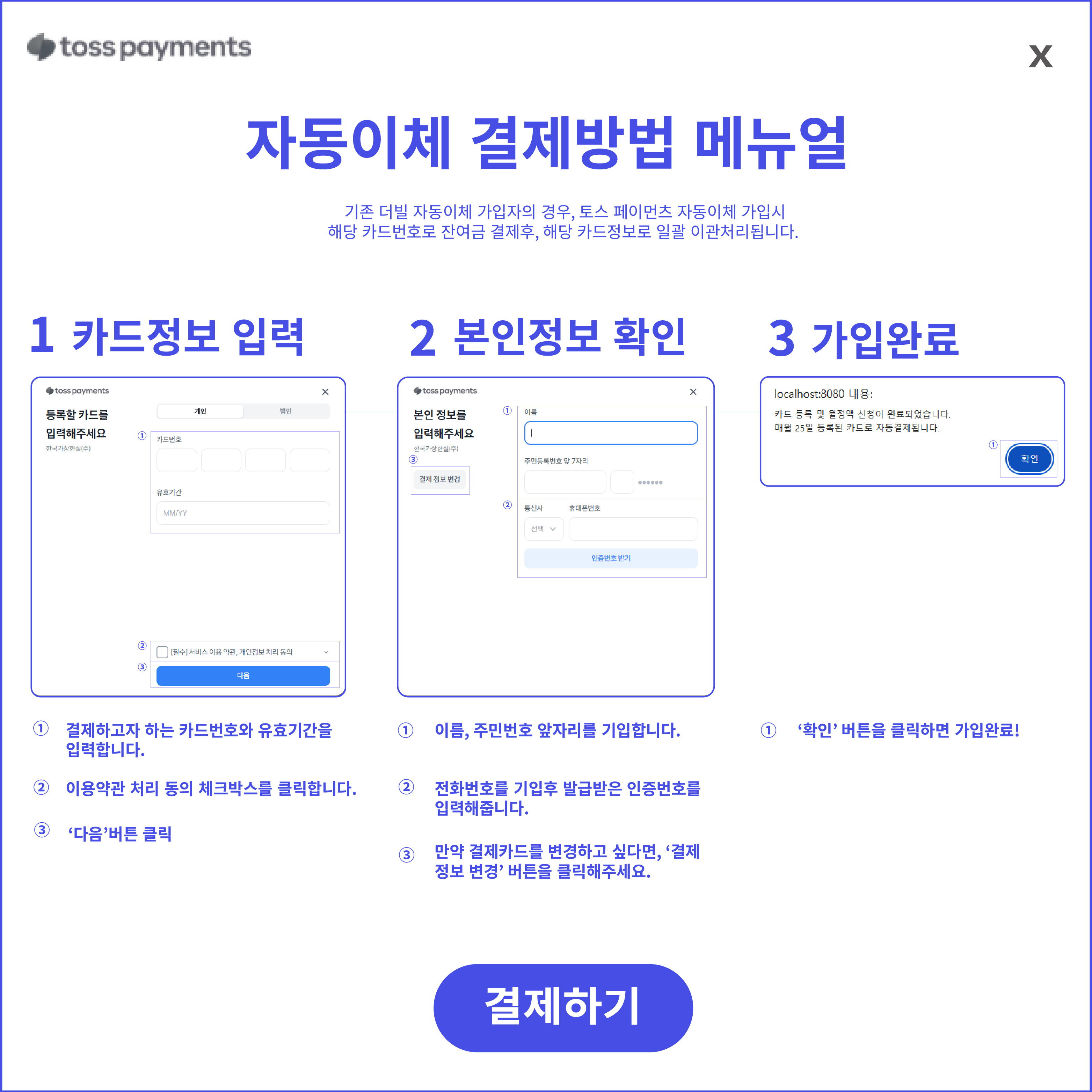 카드정보 입력, 본인정보 확인, 가입완료 순서의 자동이체 결제방법 안내